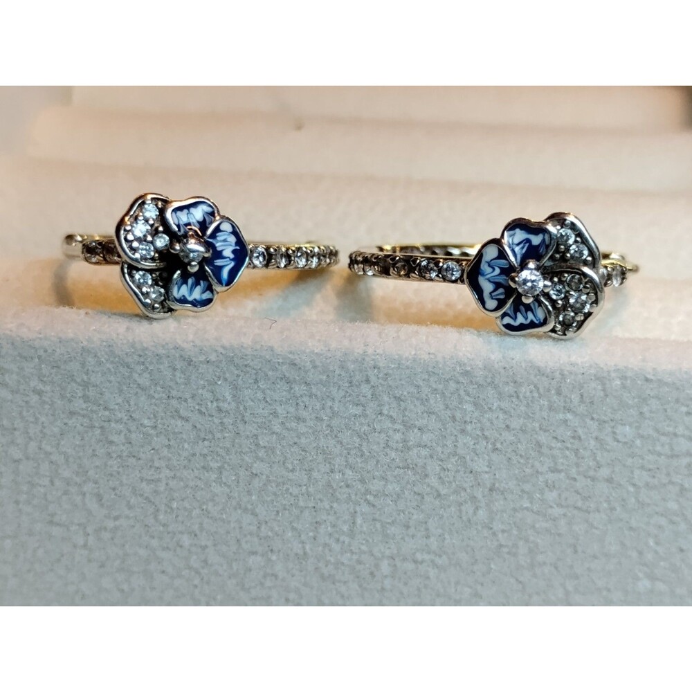 Blue Pansy Flower Hoop Sterling Silver 925 Earrings